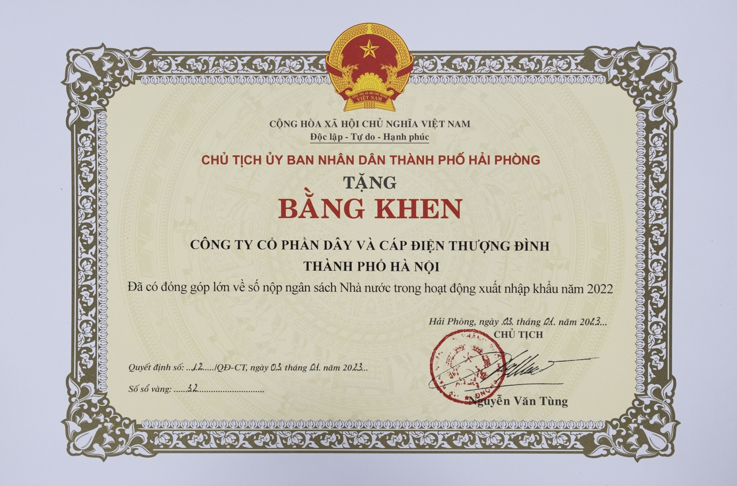 Bằng khen của UBND Thành Phố Hải Phòng